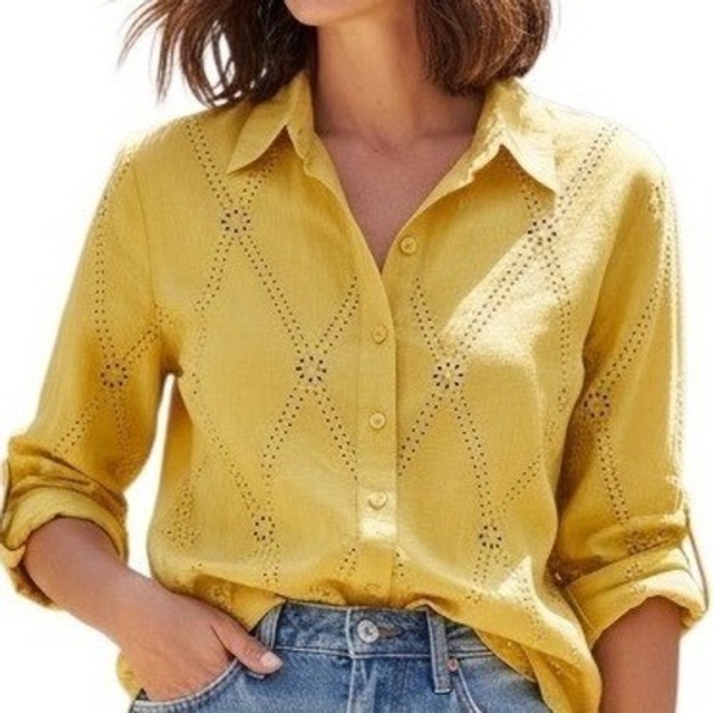 Coldwater Creek Chartreuse Yellow Linen Blend Eyelet Diamond Blouse Size 14